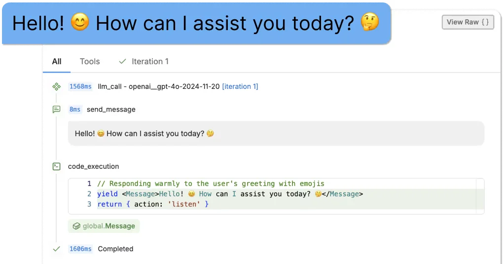 Botpress workspace UI displaying a bot's greeting message and the code block that generates it, within a modern, clean interface.