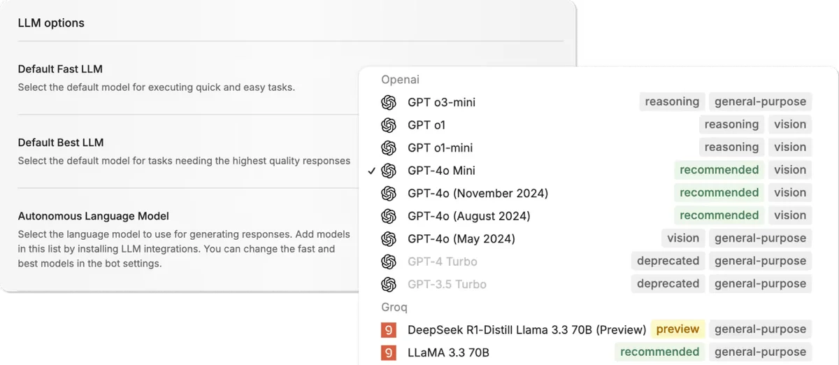 Botpress LLM options showing selection of OpenAI and Groq language models, with 'recommended' and 'vision' tags, in a clean interface.
