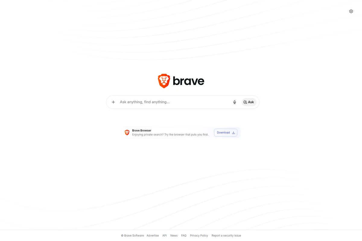 Brave Search workspace UI showing the 'Ask anything, find anything' search bar with a clean light theme.