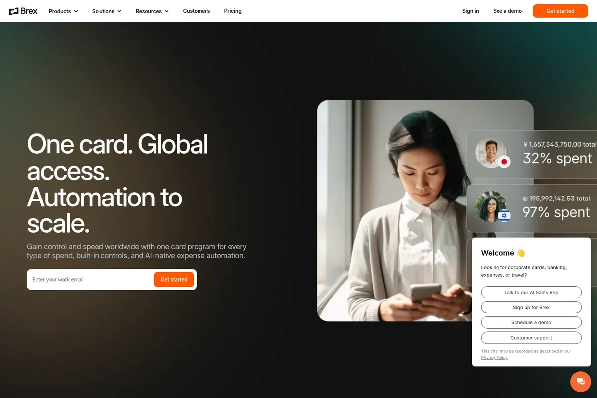 Brex landing page hero showing global expense tracking with spend analytics cards and a modern dark UI.