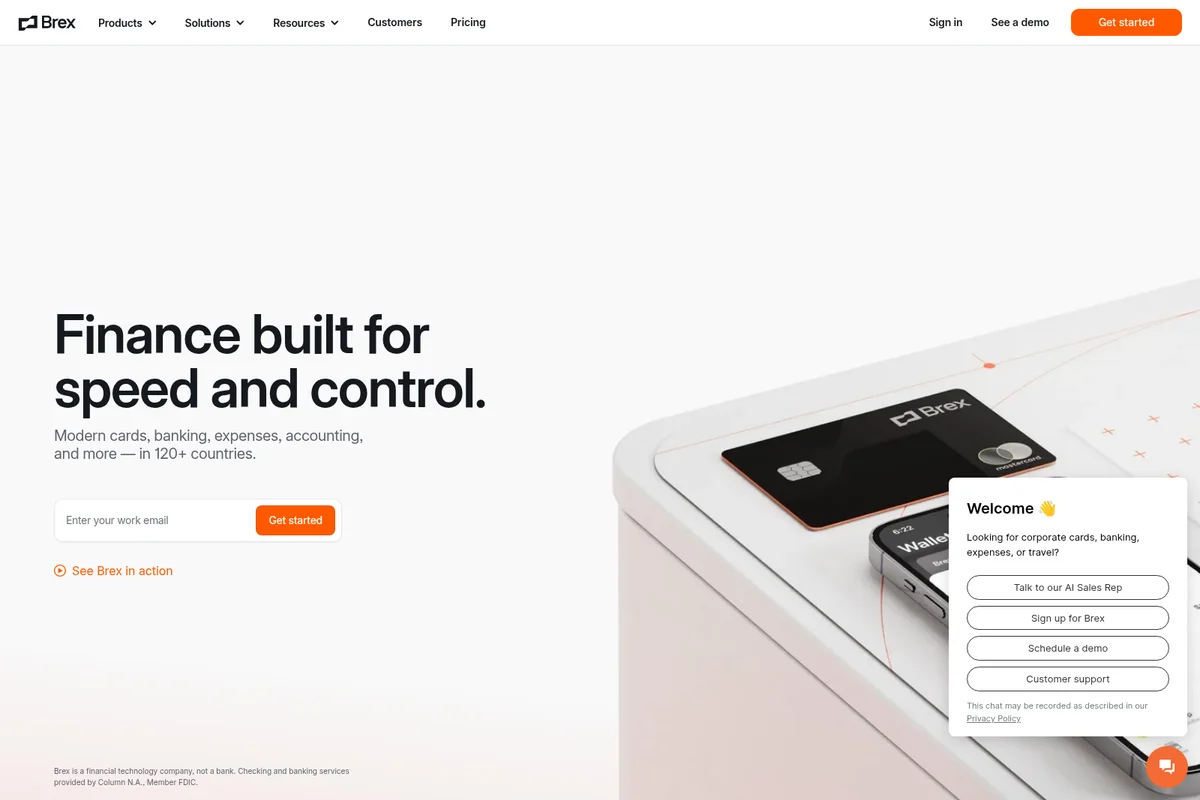 Brex landing page hero showcasing corporate cards and mobile app for modern finance management.