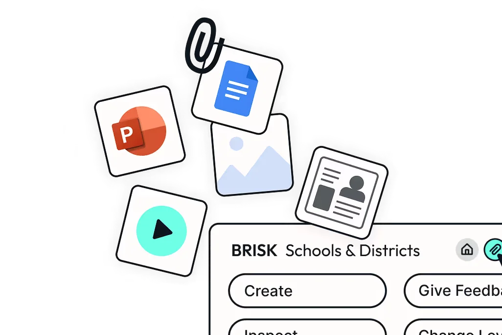 Brisk teaching workspace showing educational content management with various file type icons and core action buttons on a clean white UI.
