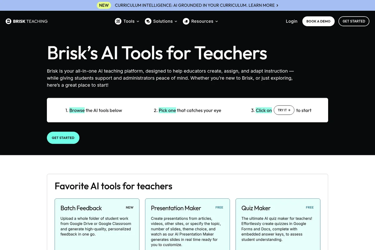 Brisk Teaching AI tools overview page showcasing Batch Feedback, Presentation Maker, and Quiz Maker with a clean, modern interface.