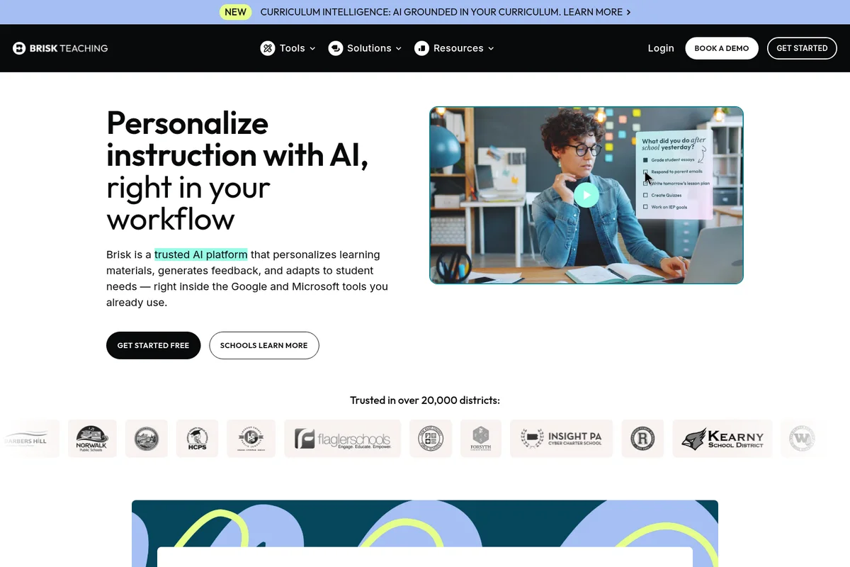 Brisk Teaching landing page hero showing a teacher interacting with an AI-generated task list in a clean modern interface.