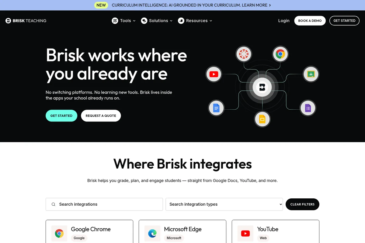 Brisk Teaching integrations page showing the tool connected to popular apps like Google Docs, YouTube, and Chrome, with a modern dark and light themed interface.