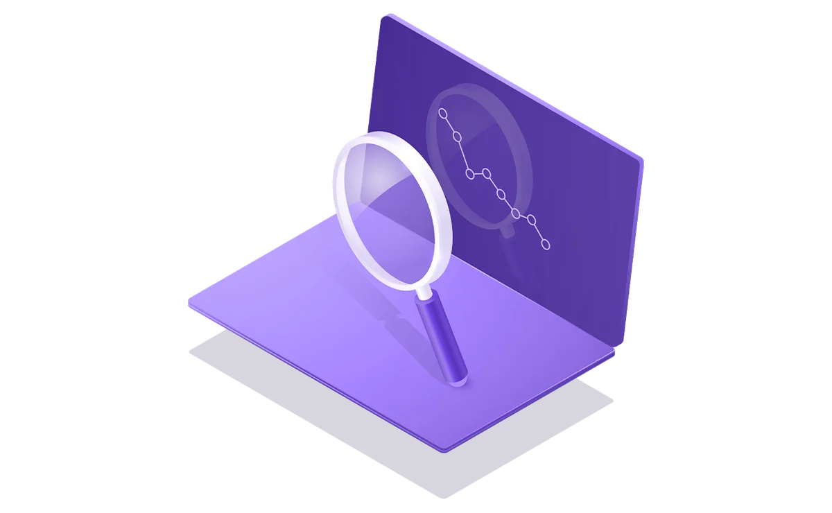 browse-ai landing hero graphic showing a magnifying glass examining a downward trend graph in a vibrant purple isometric style.