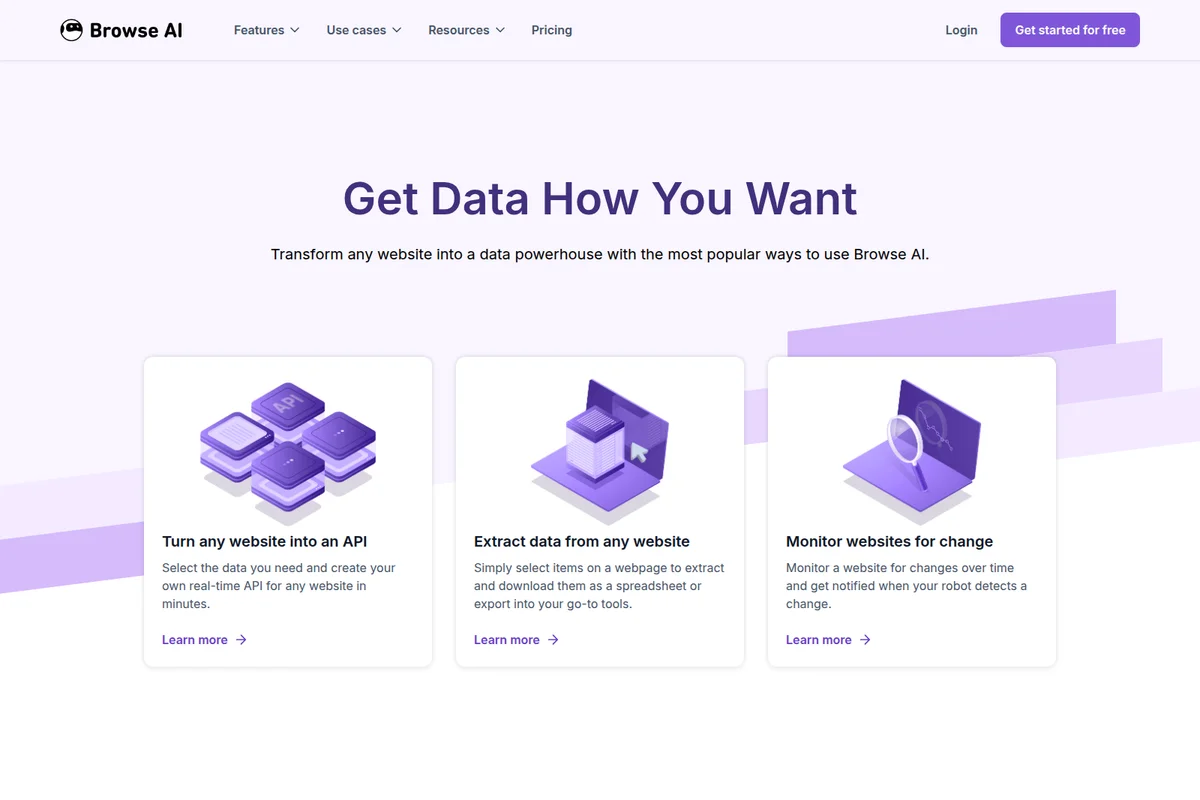 Browse AI features page showing data extraction, API creation, and website monitoring with clean isometric graphics.