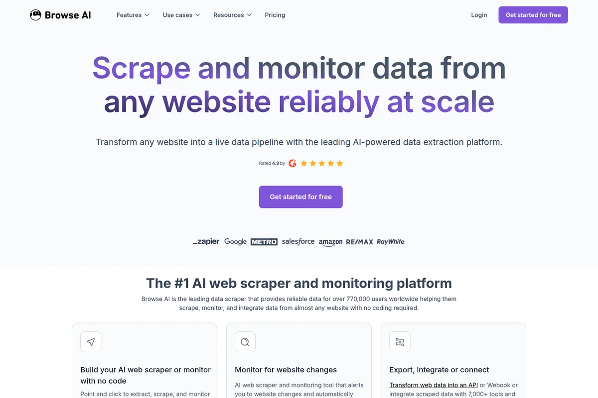 Browse AI homepage hero section, promoting reliable data scraping and monitoring at scale with a clean, modern interface.