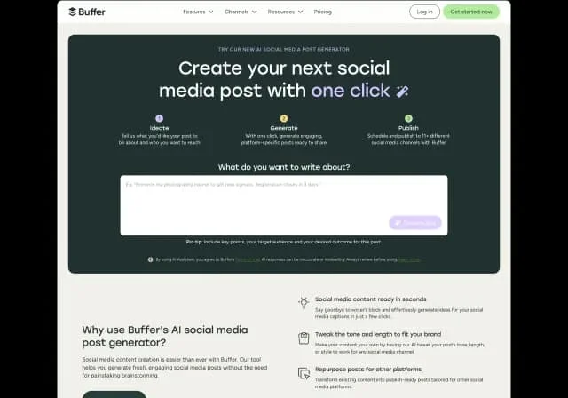Buffer AI social media post generator UI showing the prompt input field and a three-step creation process with a dark-themed card.