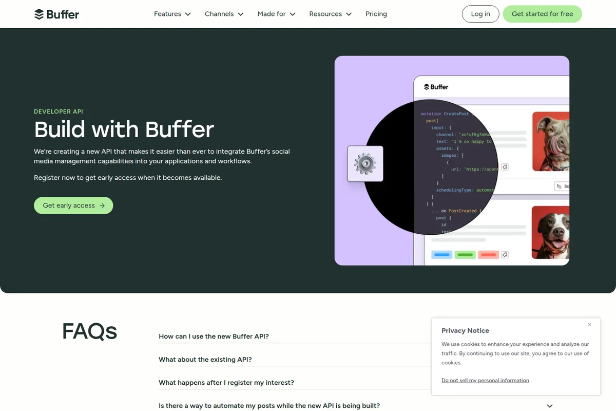 Buffer developer API page showing post creation mutation code and example social media posts with dogs in a modern dark-mode interface.