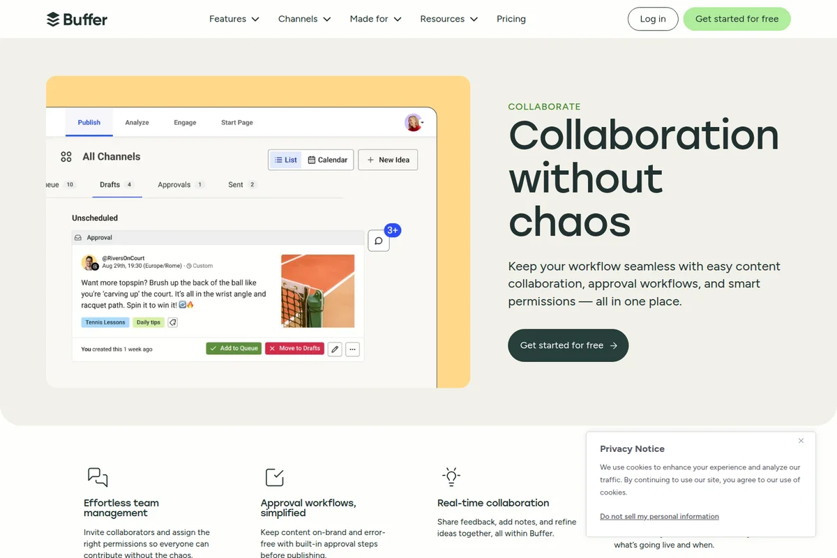 Buffer feature deep-dive showing a social media content draft and approval workflow with a clean UI.