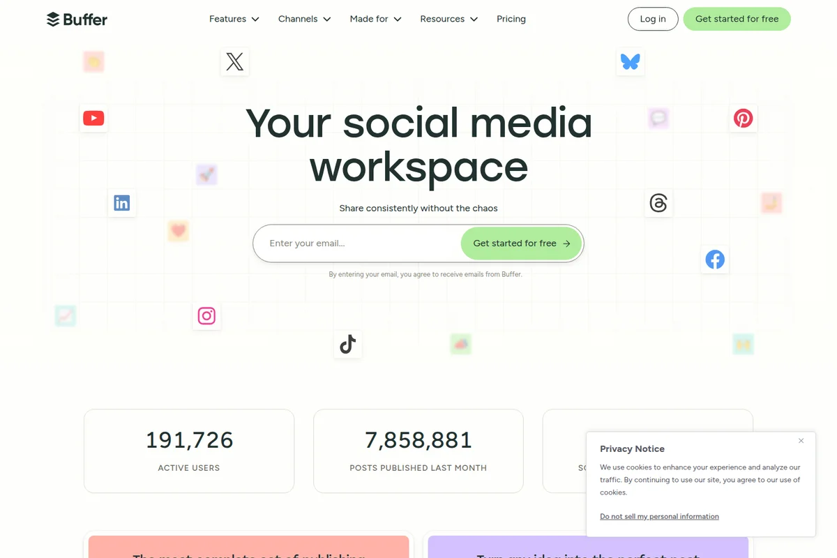 Buffer homepage showing social media workspace value proposition with an email signup form and various social platform icons in a clean light theme.