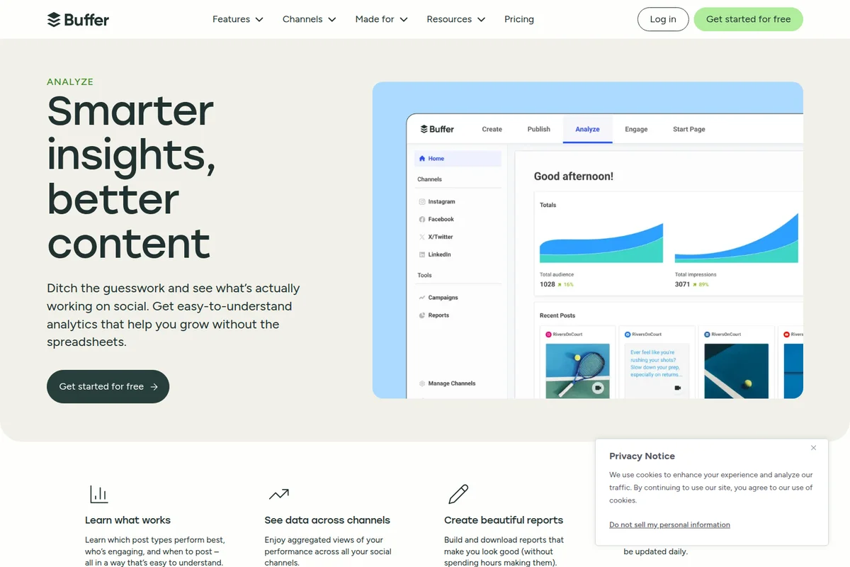 Buffer analytics dashboard showing social media performance graphs and recent posts with a clean light theme.
