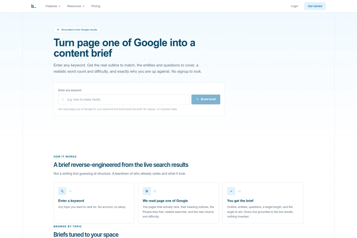 Byword content brief generator showing keyword input field and 'How it works' steps in a clean light interface.