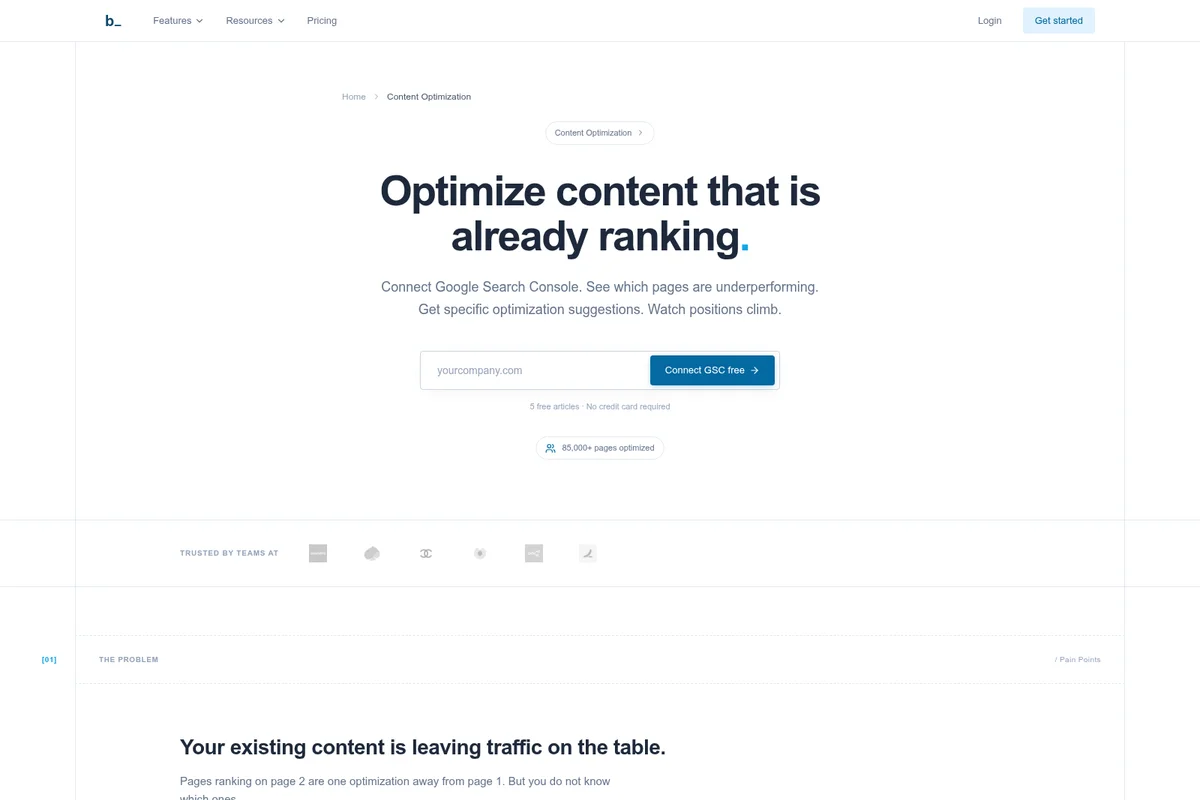 Byword landing page hero showing call to action to connect Google Search Console and optimize ranking content on a clean interface.