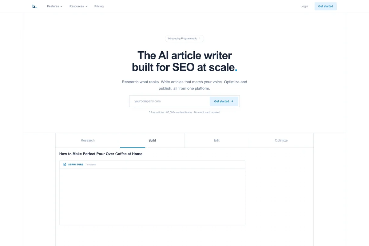 byword homepage showcasing an AI article creation workflow with research, build, edit, and optimize tabs in a clean, modern interface.
