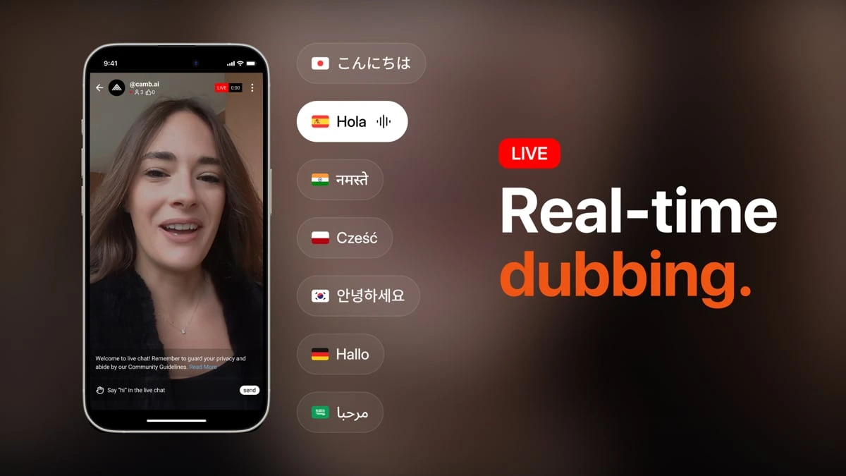 Camb.ai live stream interface showing a woman speaking with real-time dubbing options for various languages like Spanish, Hindi, and Japanese.