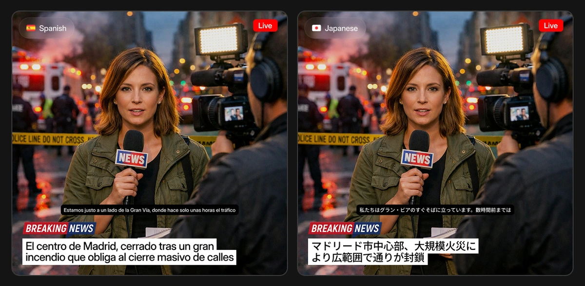 camb-ai output sample showing a live news broadcast translated into Spanish and Japanese with corresponding subtitles.