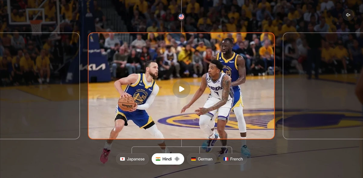 Camb-ai video player showing an NBA game being dubbed into multiple languages, with Hindi audio active.