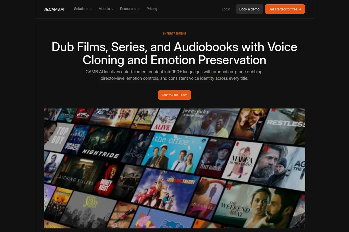 CAMB.AI entertainment landing page showcasing voice cloning for dubbing films and series, featuring a dark-themed interface with a collage of movie posters.