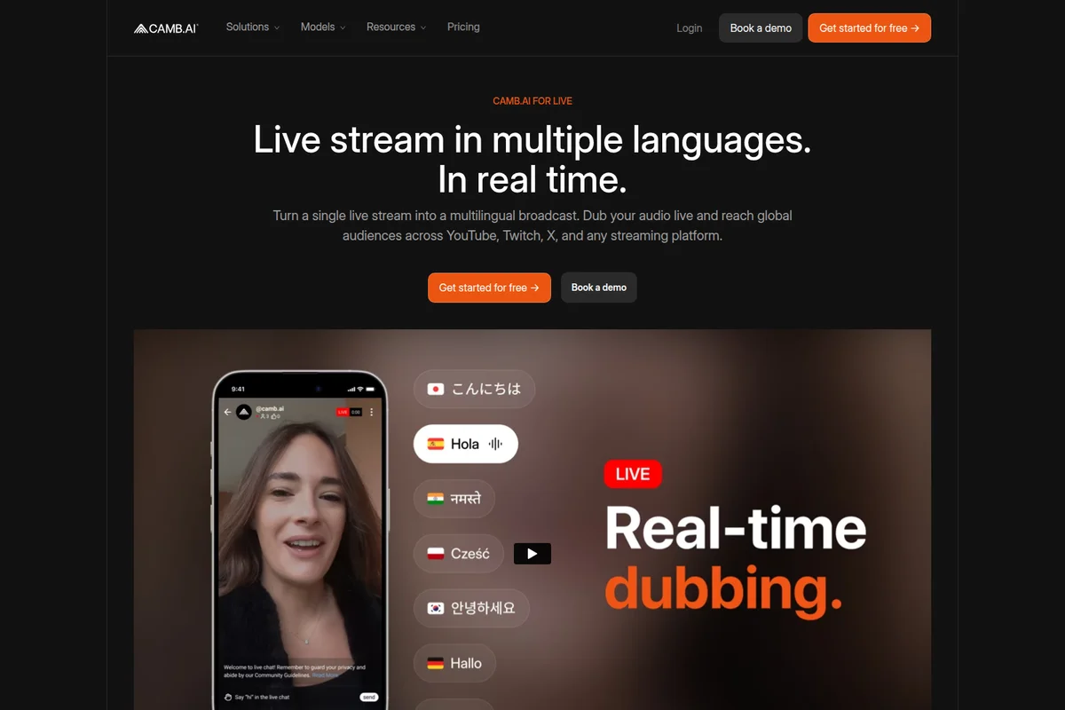 CAMB.AI landing page hero showcasing live stream real-time dubbing with a mobile interface and multiple language selection.