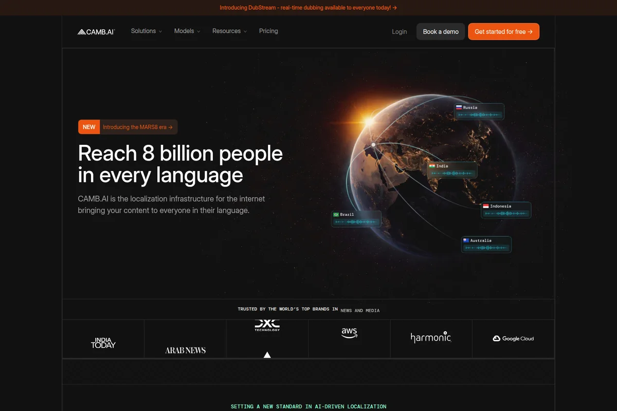 CAMB.AI homepage hero section showcasing global localization and real-time dubbing with a dark-mode, modern interface.