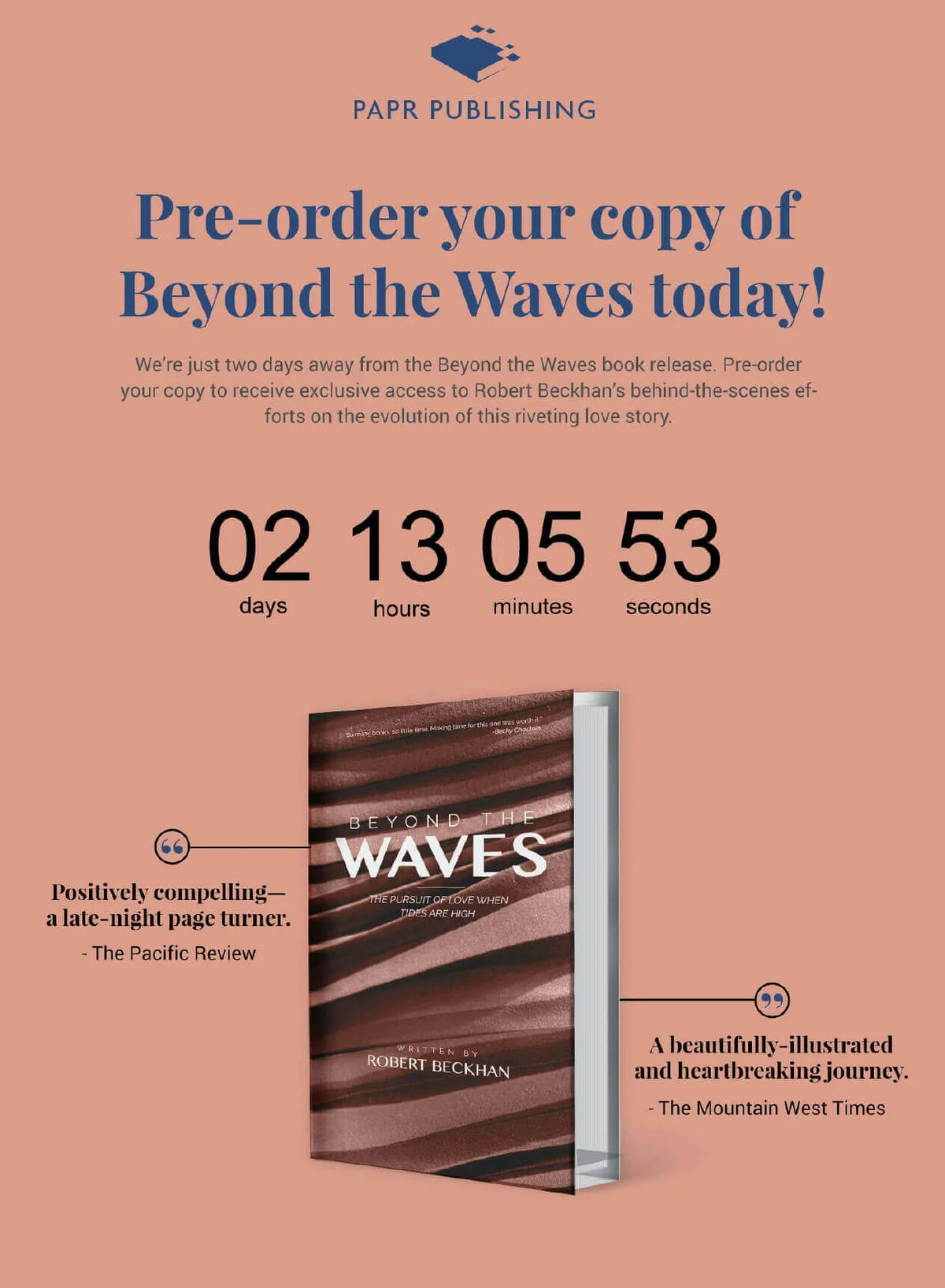 PAPR Publishing pre-order announcement for 'Beyond the Waves' showing book cover, countdown, and reader reviews.