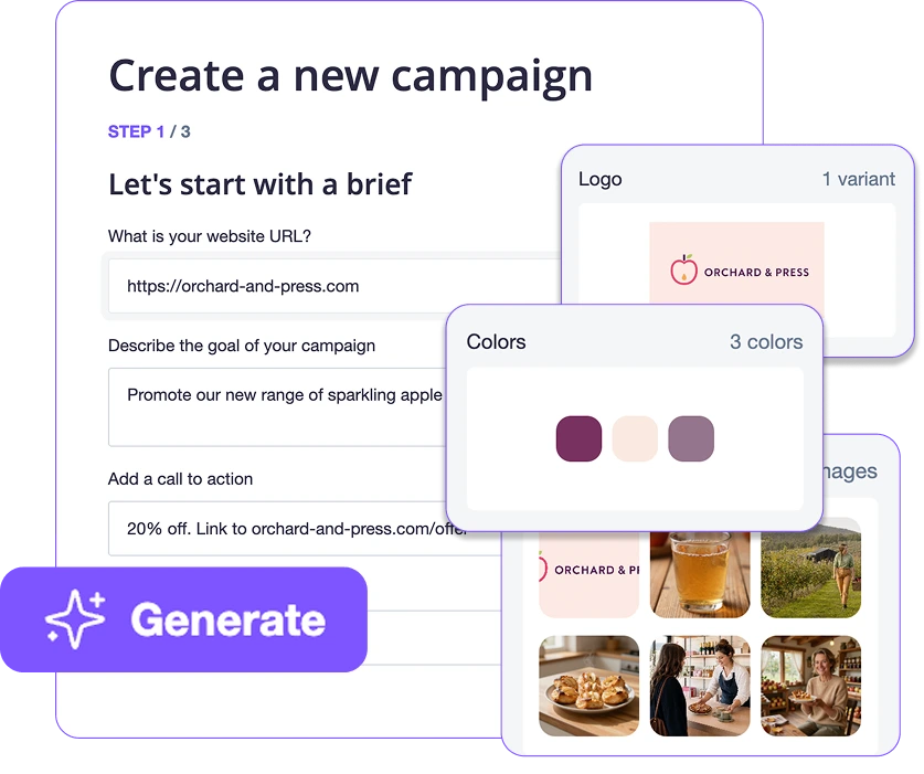 Campaign Monitor workspace showing a campaign creation form with user-inputted details and suggested branding assets and images.