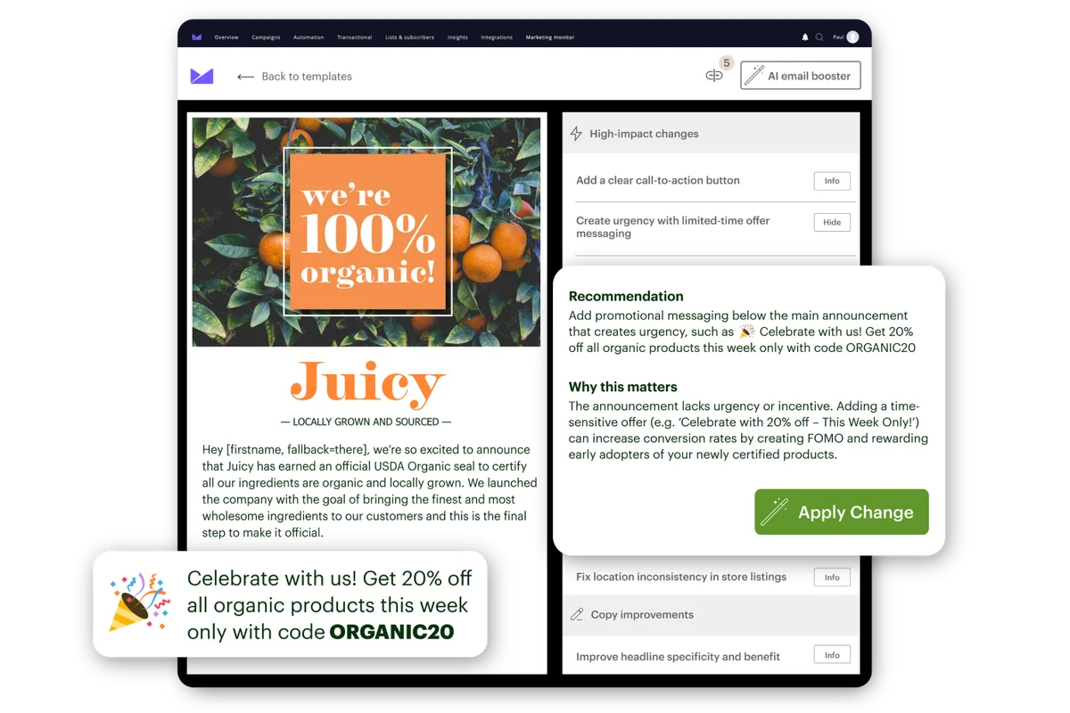 Campaign Monitor email editor UI showing AI recommendations to improve email content with a suggested urgency message in a clean, modern interface.