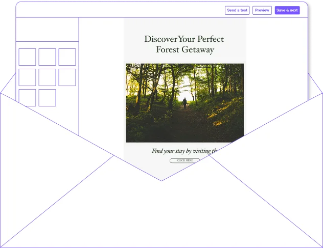 Campaign Monitor email editor showing a forest getaway campaign with a clean interface.