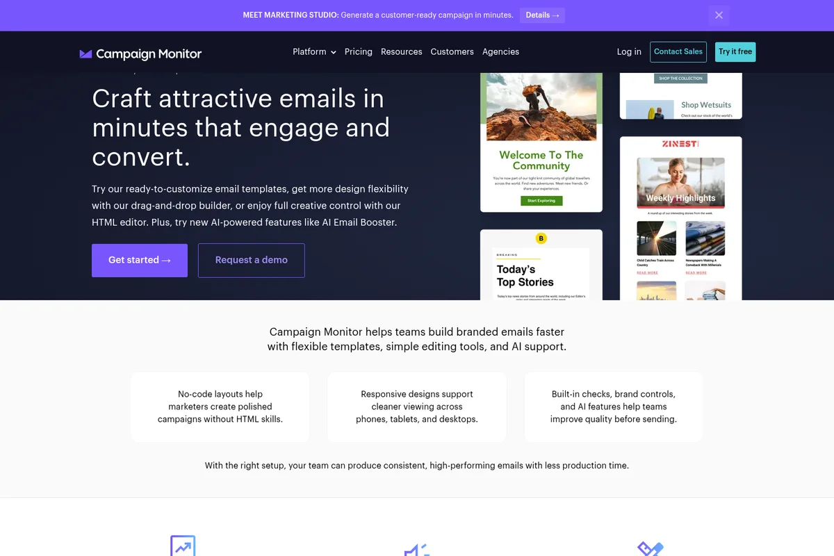 Campaign Monitor landing page hero section showcasing various attractive email templates created with the platform on a dark background.