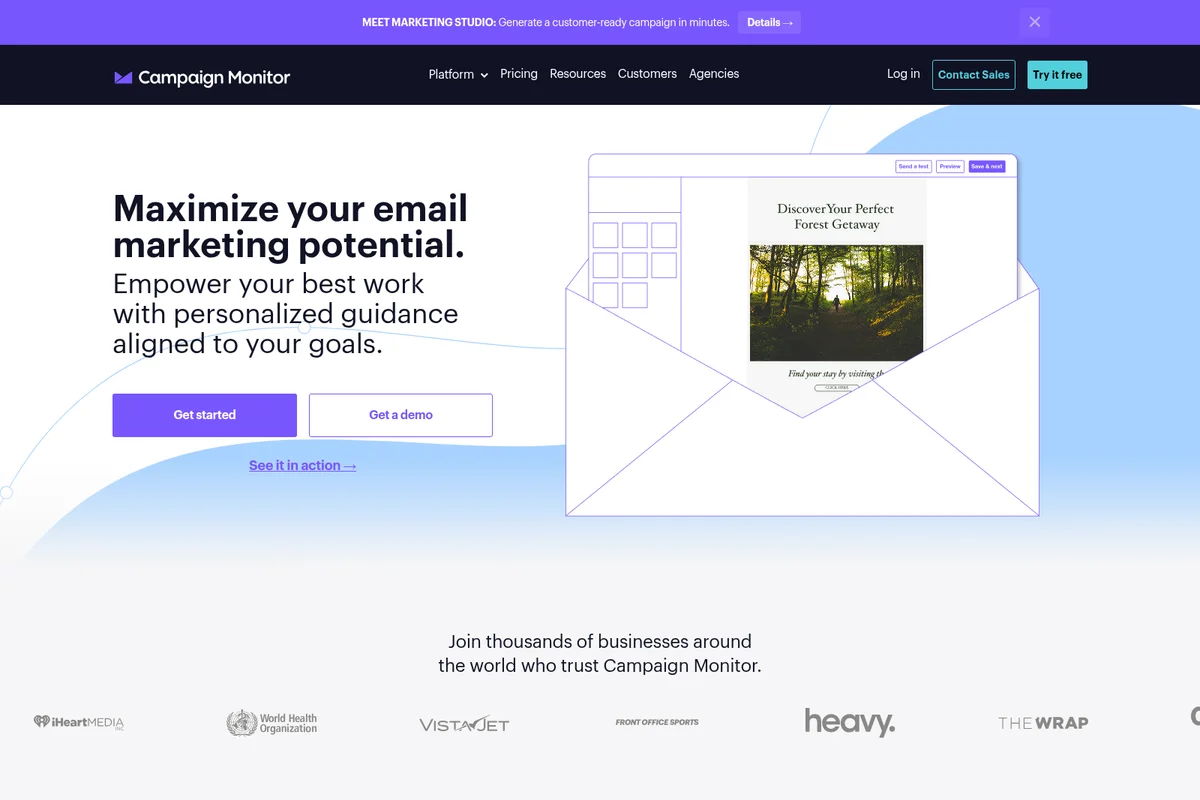 Campaign Monitor homepage hero showing email marketing potential with a stylized email preview in a clean, modern interface.