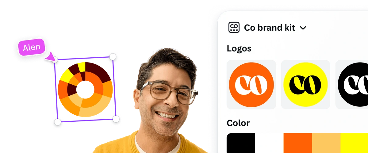 Canva workspace showing a smiling man, a color wheel for design selection, and a 'Co brand kit' panel displaying brand logos and color palettes.