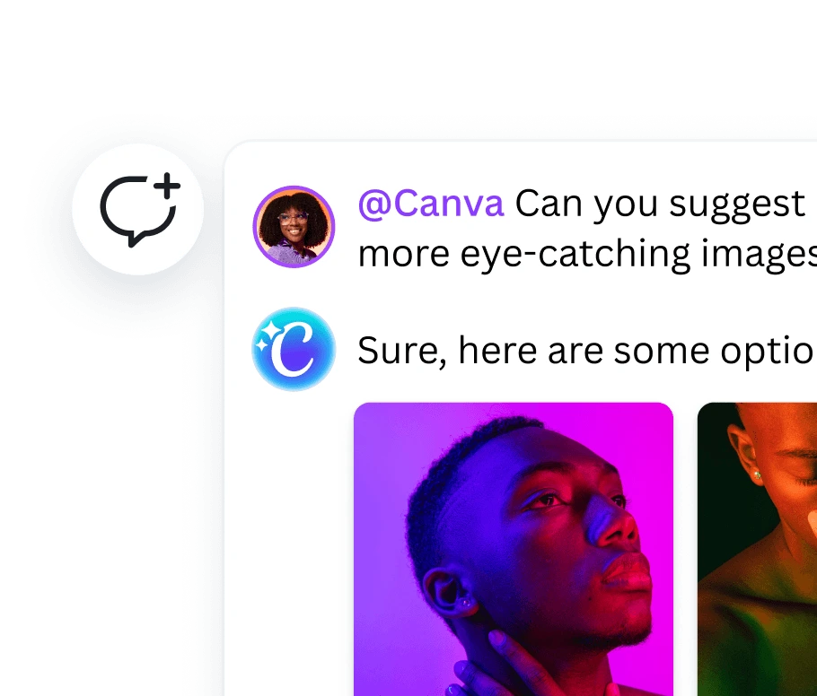 Canva AI design assistant showing suggested eye-catching images in a clean chat interface with vibrant portrait examples.