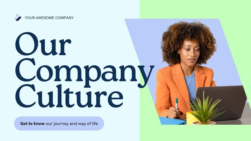 Canva presentation slide titled 'Our Company Culture' with an employee working on a laptop in a modern, colorful design.