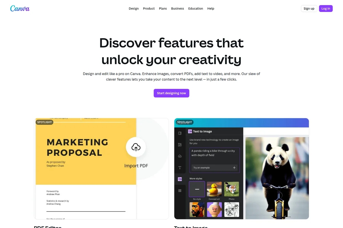 Canva features page demonstrating the PDF editor with a marketing proposal and an AI text-to-image generator creating a panda on a bike.
