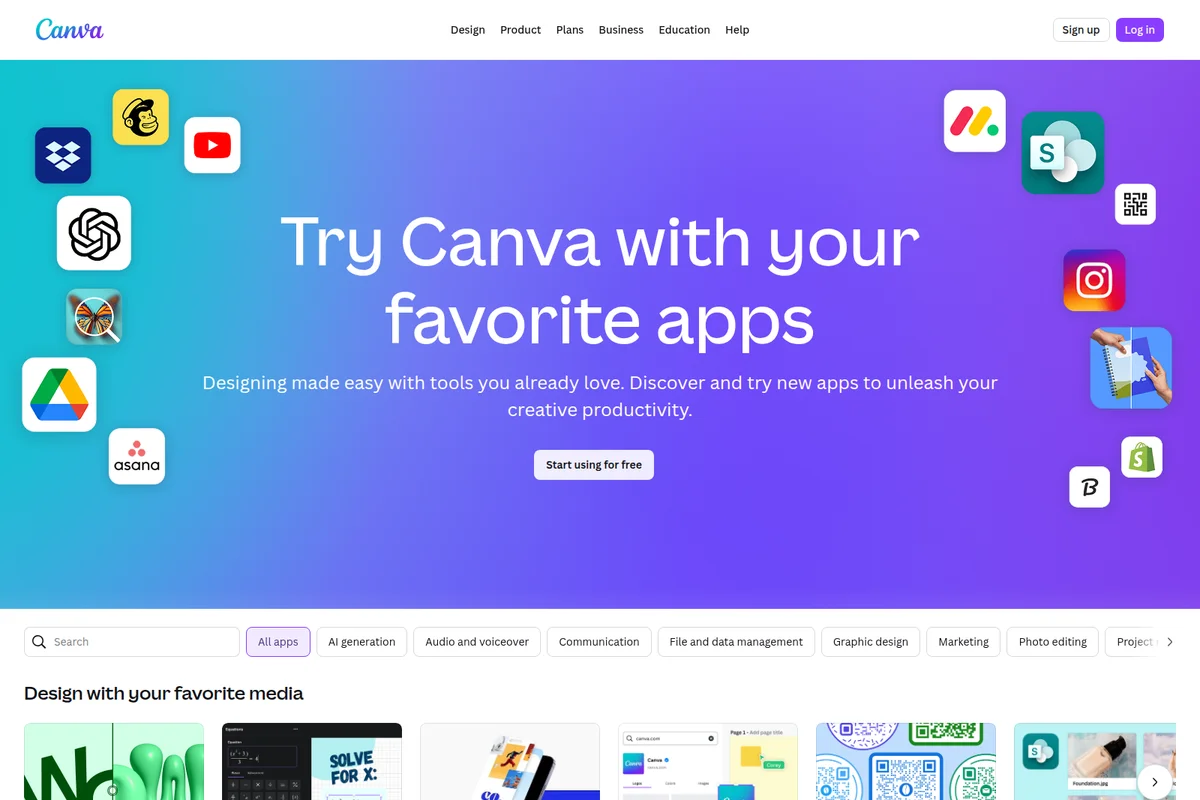 Canva landing page showcasing app integrations with many partner logos on a vibrant gradient background.