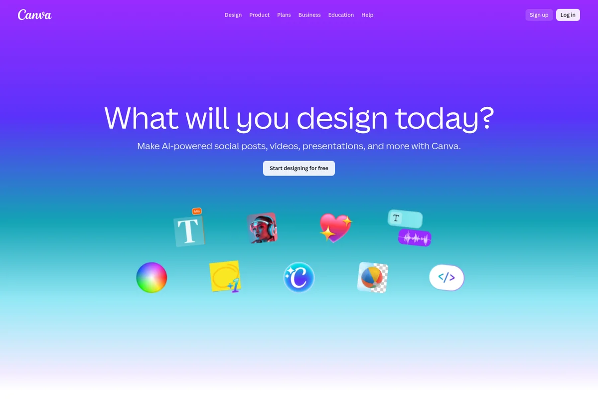 Canva landing hero showing design possibilities with a vibrant gradient background and illustrative icons.