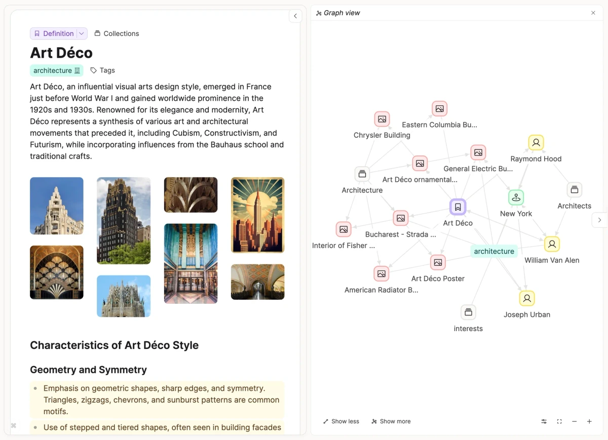 Capacities workspace displaying Art Déco definition, an image gallery, and an interactive knowledge graph in a clean light theme.