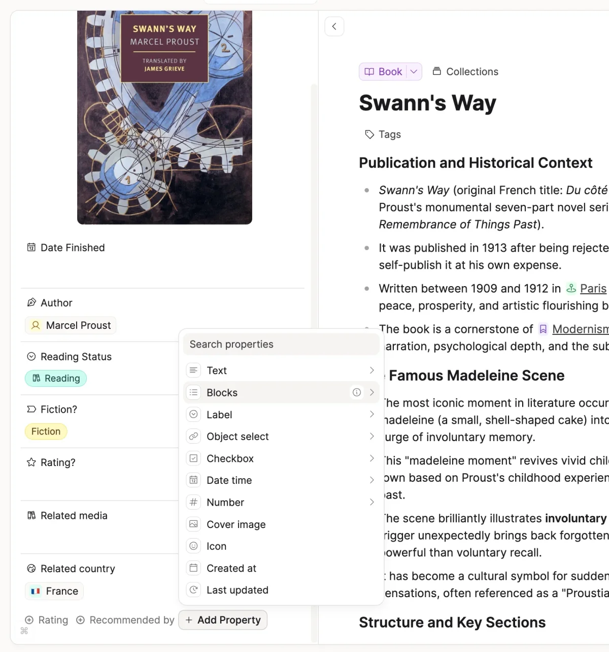 capacities workspace showing 'Swann's Way' book details and properties, with a menu for adding new property types in a clean light theme.
