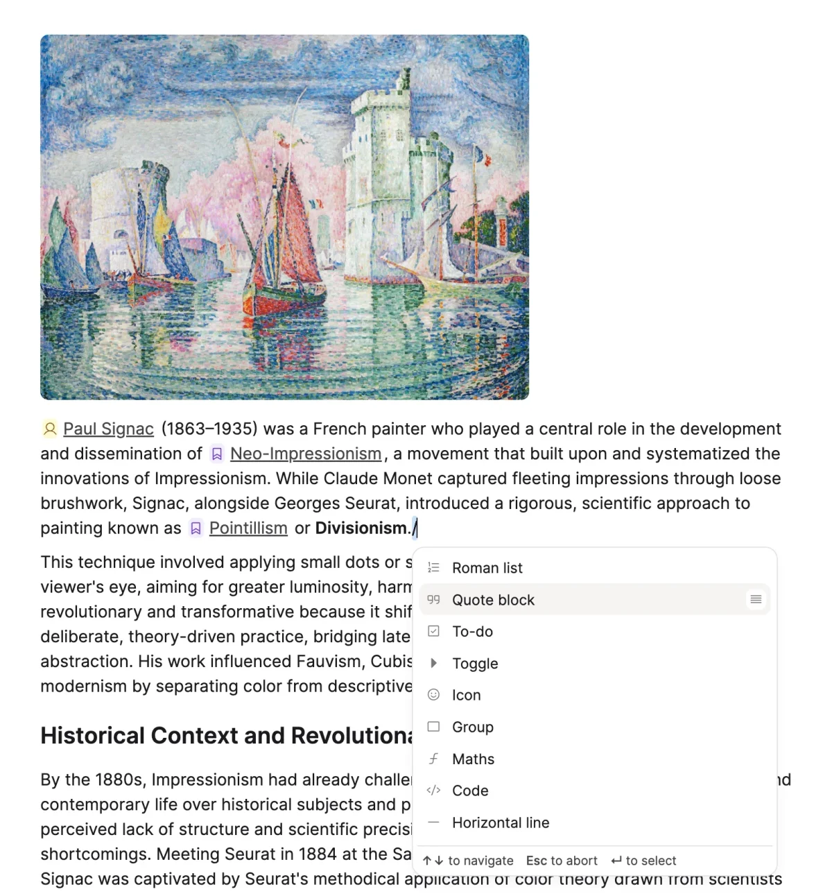 Capacities workspace showing an article about Paul Signac with a rich text editor block menu open.