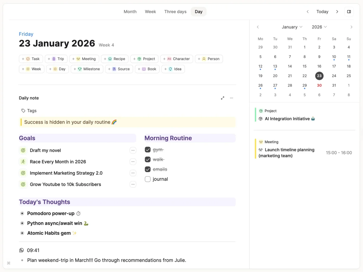 Capacities daily planner workspace showing tasks, goals, and calendar events with a clean light-theme interface.