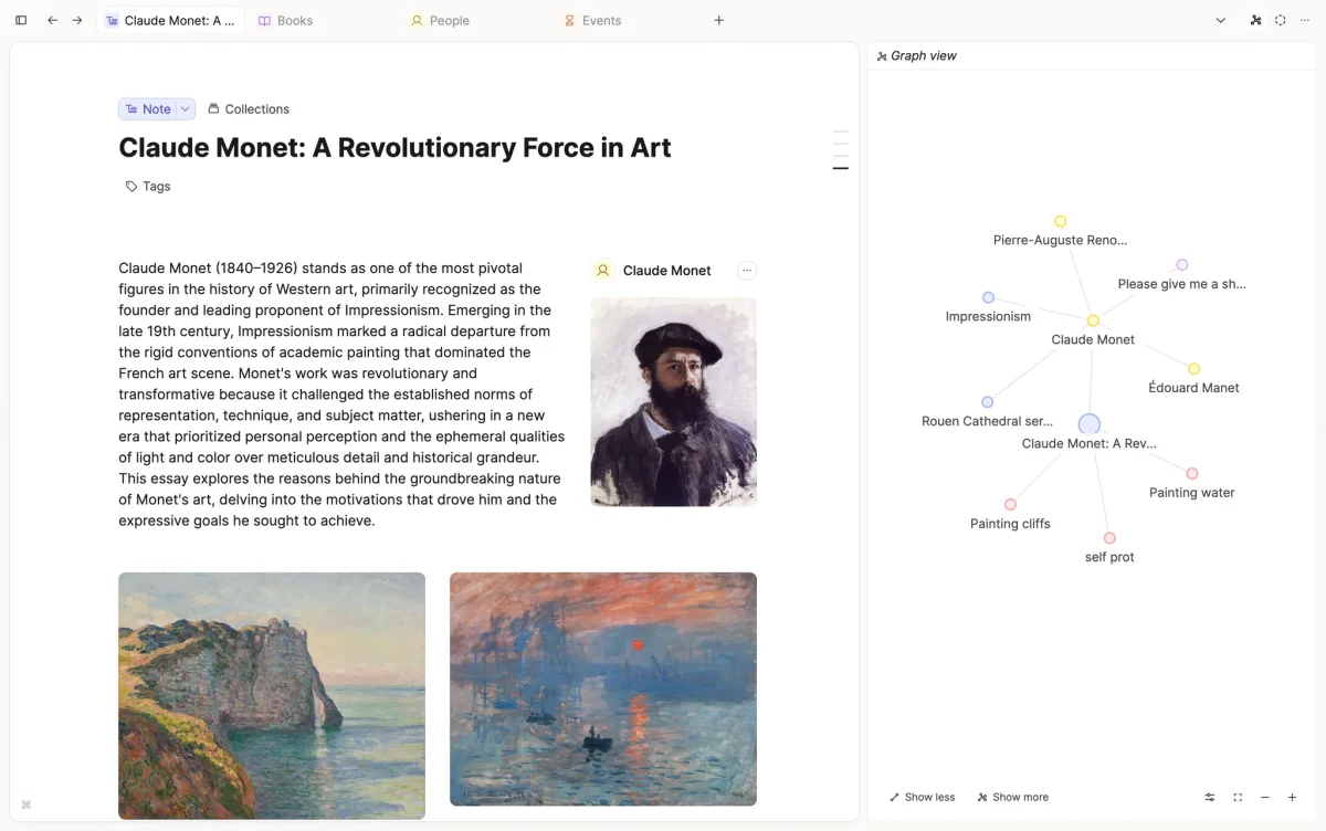 Capacities workspace showing a detailed note on Claude Monet, embedded paintings, and an interactive graph view connecting related artistic concepts in a light theme.
