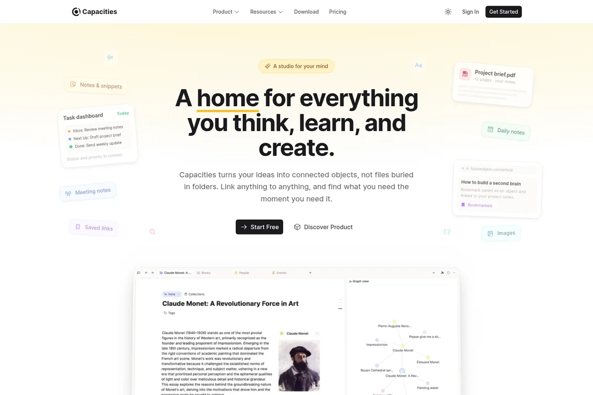 Capacities homepage showing connected notes, a task dashboard, and a knowledge graph view in a modern object-based interface.