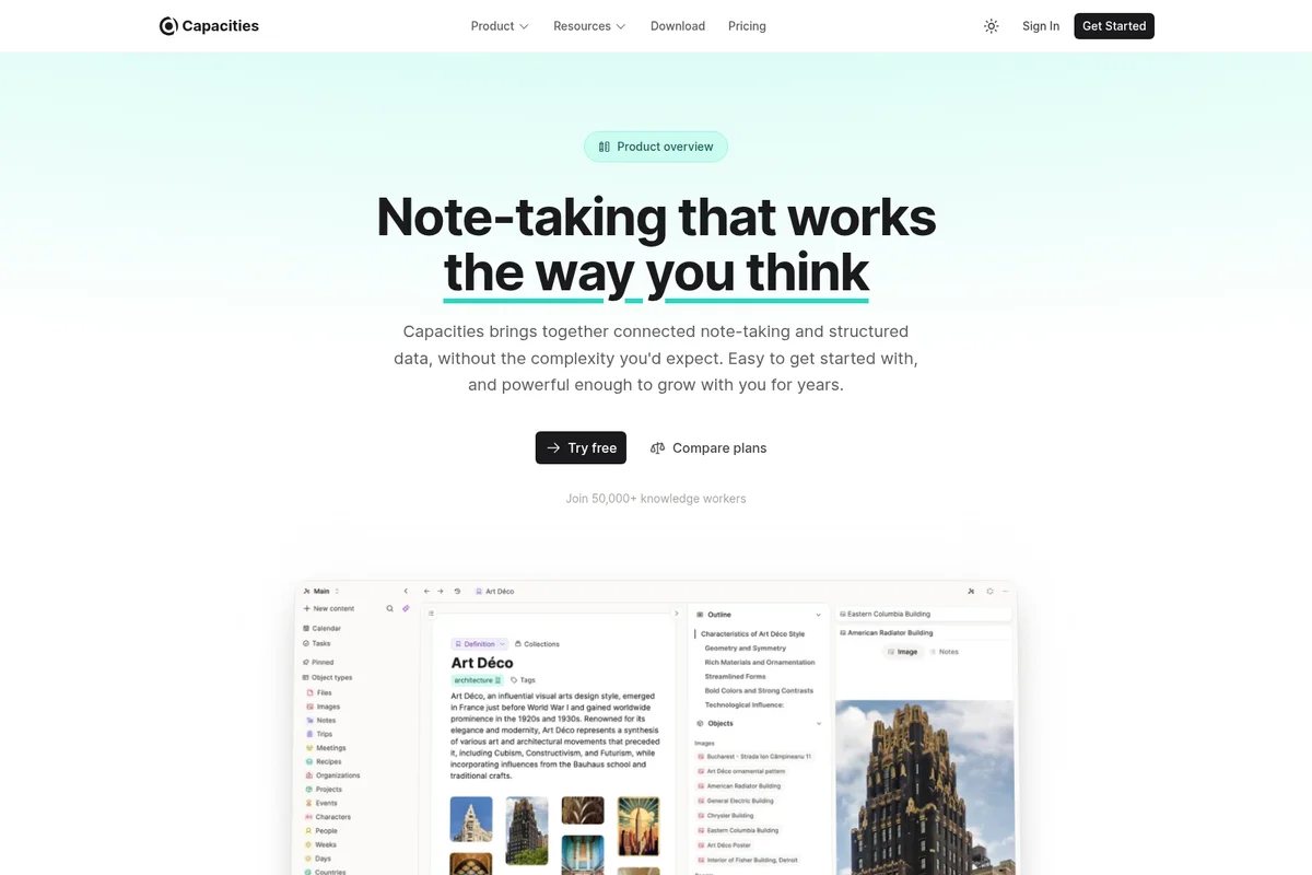 Capacities note-taking workspace showing an 'Art Deco' content page with definitions, characteristics, and related images in a clean, modern interface.