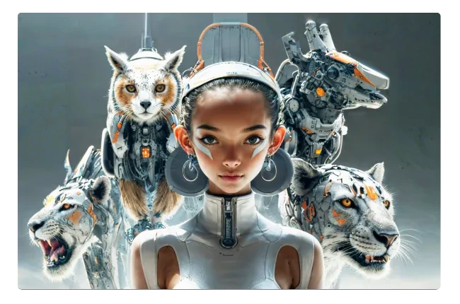 CapCut output sample: futuristic character with robotic animals, showcasing advanced AI artistic composition.