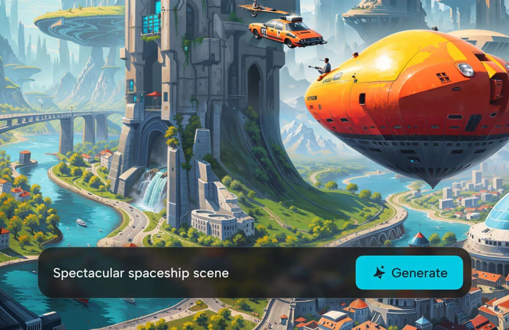CapCut AI image generation interface displaying a spectacular futuristic spaceship scene created from a text prompt.