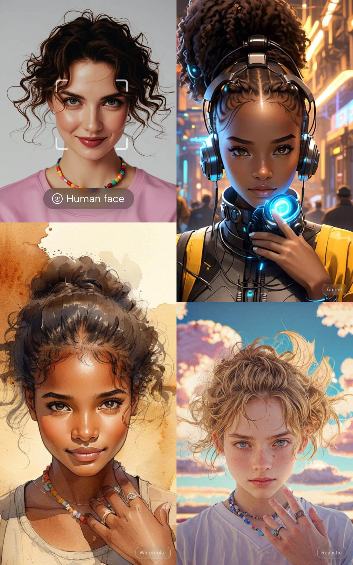 CapCut output samples showcasing AI-generated portraits in anime, watercolor, and realistic art styles.