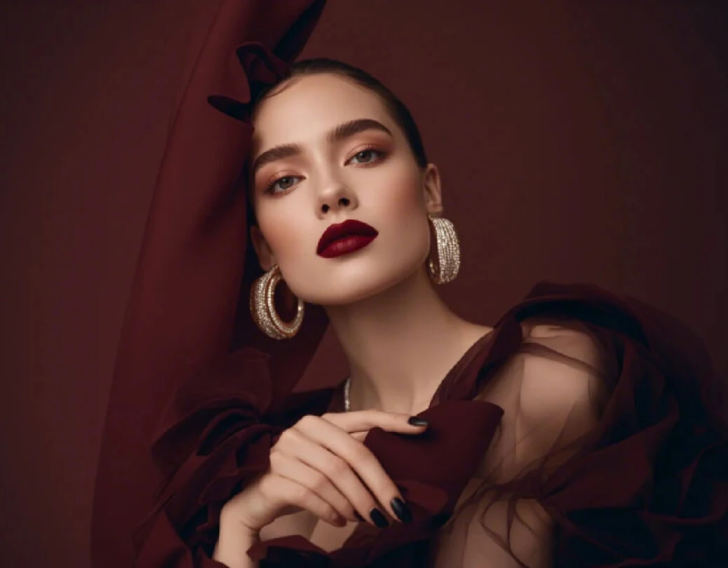 Capcut landing page visual featuring a woman with dramatic makeup and jewelry, representing bold video aesthetics.