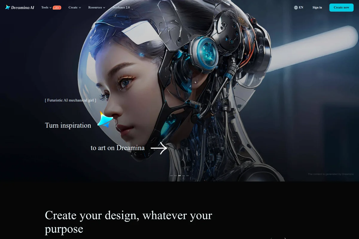 Dreamina AI landing page hero displaying a photorealistic futuristic mechanical girl, demonstrating AI art generation.